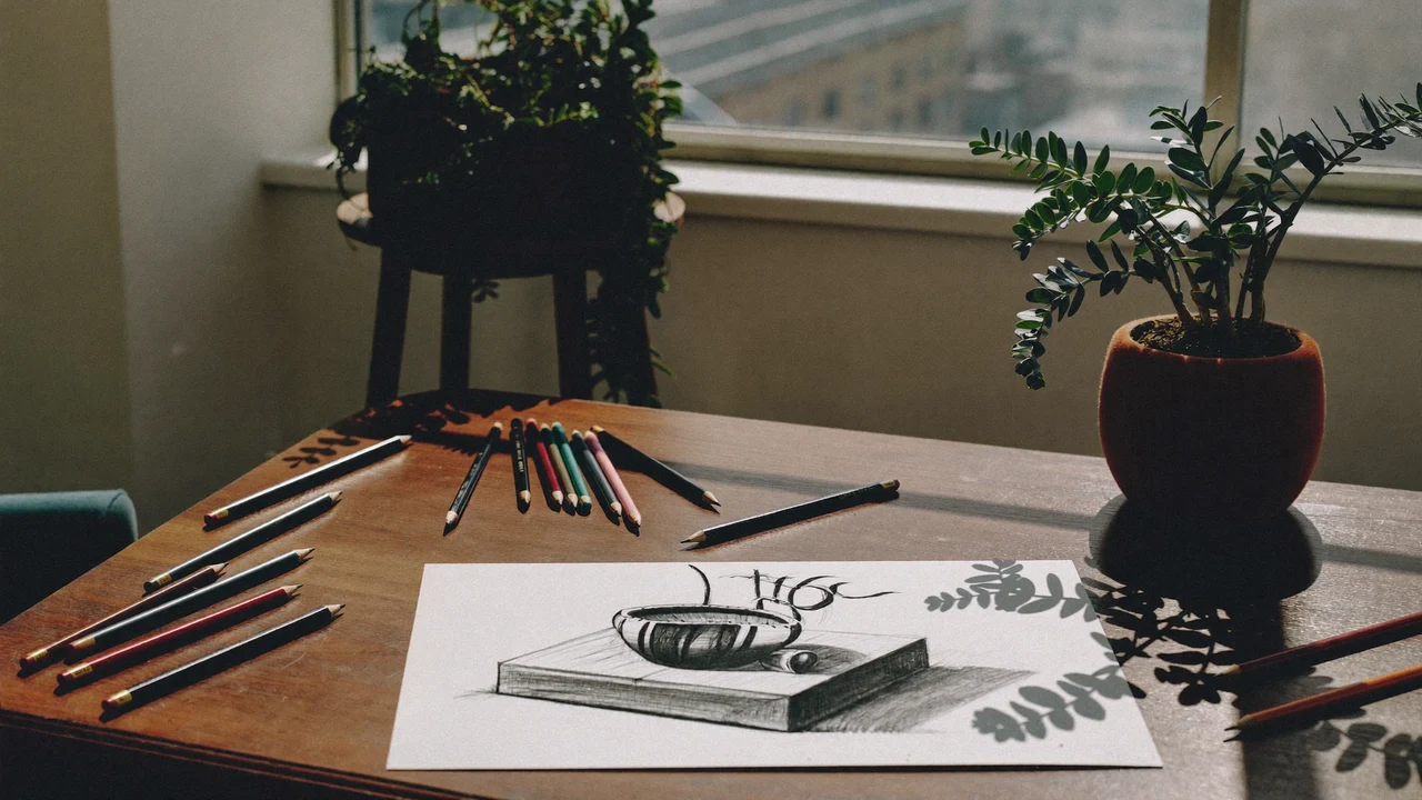 Sonniger Zeichentisch am Fenster mit Bleistiften und einer Kohleskizze, illustrativ
