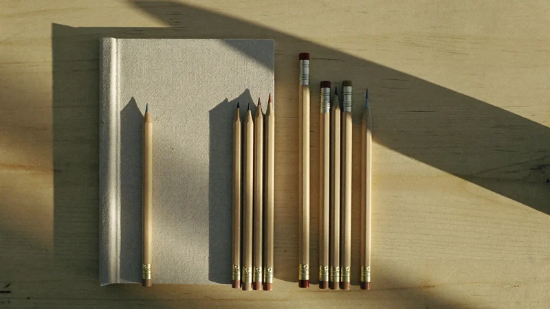 Graphitstifte in abgestuften Härtegraden neben einem leeren Skizzenbuch, illustrative Darstellung