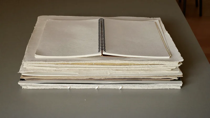 Stapel dicken Baumwollpapiers und Spiralblöcke mit weichen Rändern, illustrative Darstellung