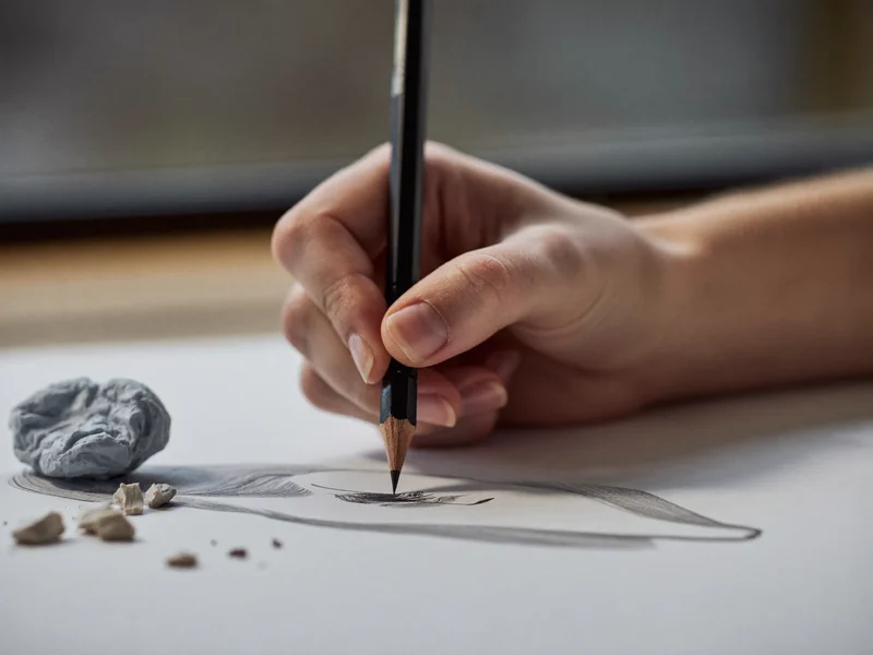 Hand schraffiert eine Skizze mit weichem Bleistift, Knetgummi daneben, illustrative Darstellung
