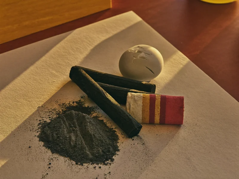Kohlestücke, Pastellstummel und feiner Staub auf rauem Papier, illustrative Darstellung